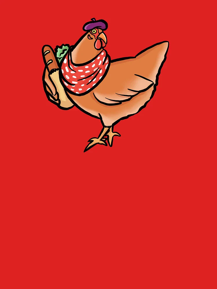 French Chicken Cartoon – Cute Grocery-Holding Chicken with Beret Silly Art Classic T-Shirt