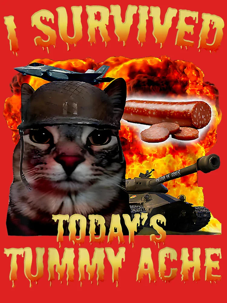 Tummy Ache Survivor Cat Meme Saying- Cats Animals Classic T-Shirt