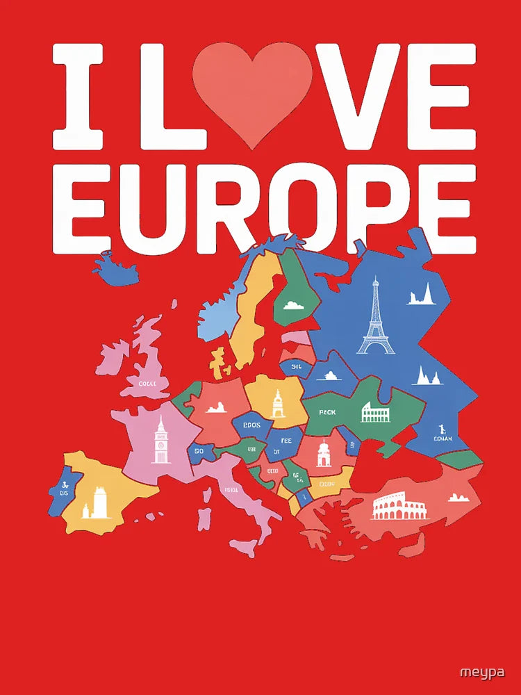 I Love Europe Map Adventure Wanderlust Travel Landmarks Classic T-Shirt