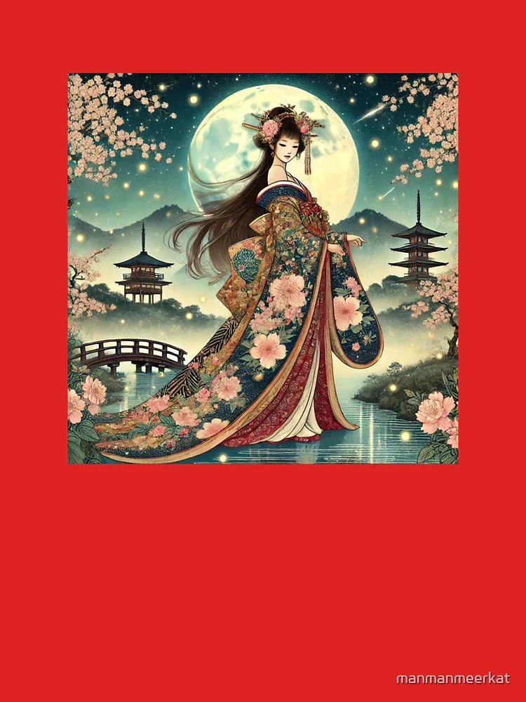 Moonlit Kimono Beauty and Cherry Blossoms - Japanese Fantasy Art Classic T-Shirt