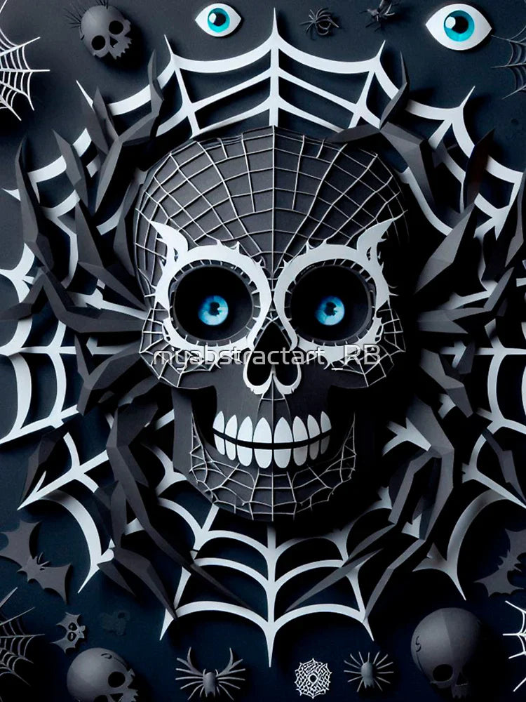 Blue-Eyed Skull with Spider Web – Creepy Paper Art Halloween Decor Classic T-Shirt