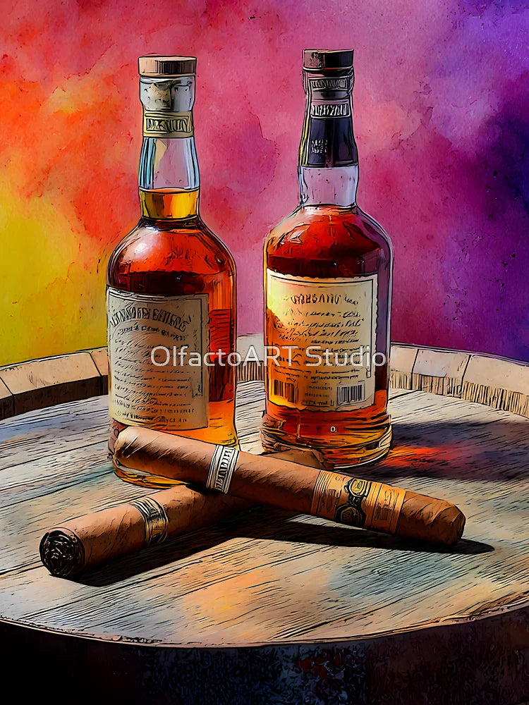 Whiskey Bottles and Cigars on Wooden Barrel - Vibrant Background of Luxury and Relaxation Classic T-Shirt