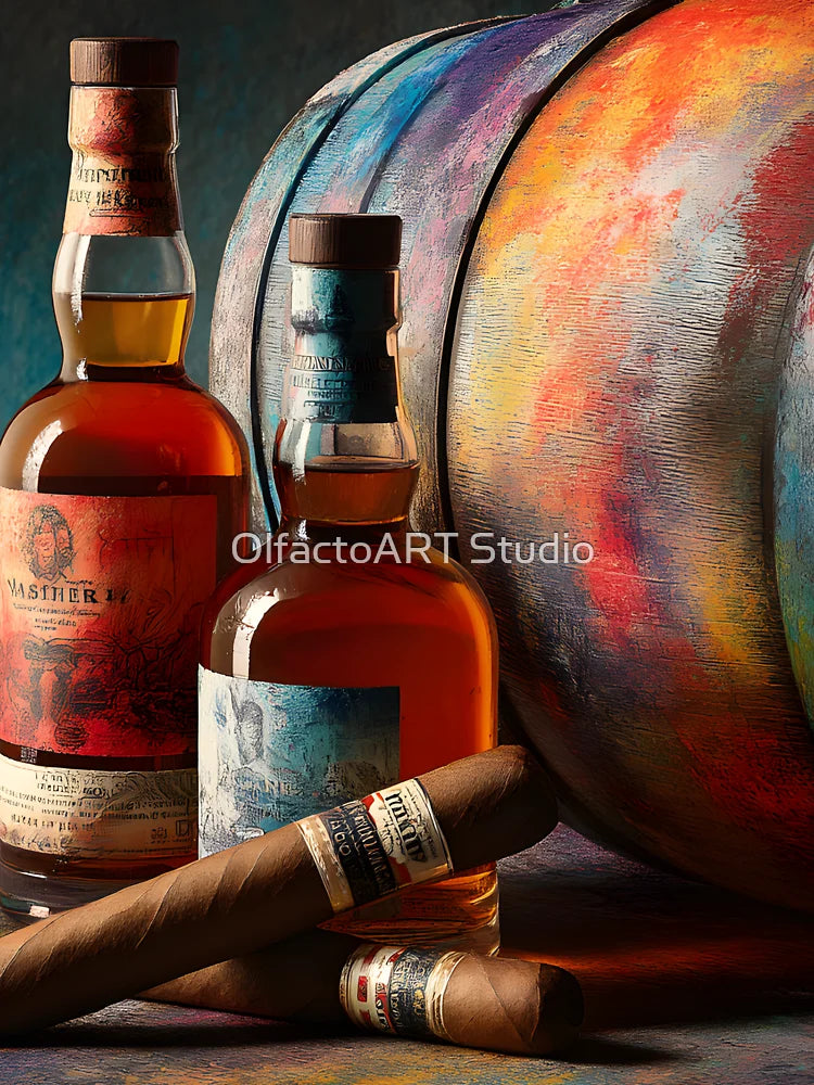 Whiskey Bottles and Cigars Beside Vividly Painted Barrel - Luxury and Indulgence in Rich Warm Hues Classic T-Shirt