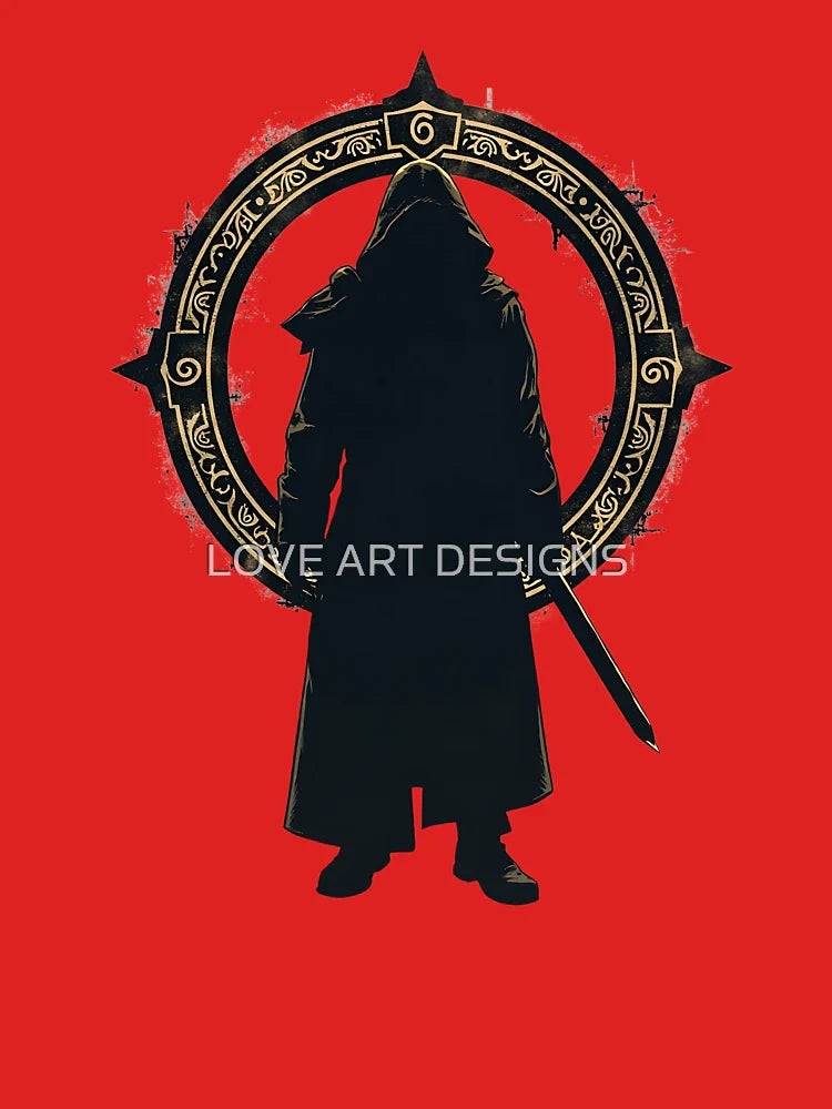 A mysterious wanderer stands silhouetted within a circular emblem of ancient runes Classic T-Shirt