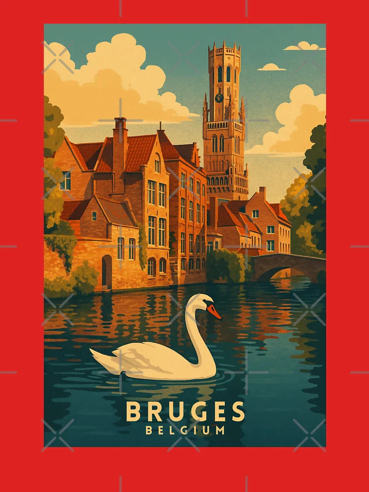 Bruges Belgium Vintage Travel Art with Swan and Belfry Classic T-Shirt