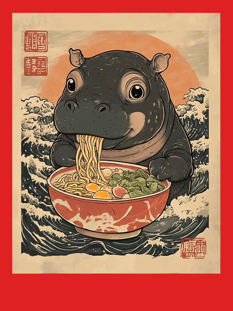 Moo Deng Hippo Eat Ramen For Japanese Style Fan, Kawaii Anime Gift For Fan Classic T-Shirt