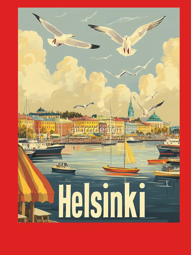 Seagulls soar over the serene harbor of Helsinki, where boats gently float. The sunset casts a warm glow on the historic architecture, Classic T-Shirt