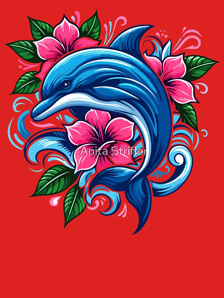 Abstract Blue Dolphin with Pink Flowers Classic T-Shirt