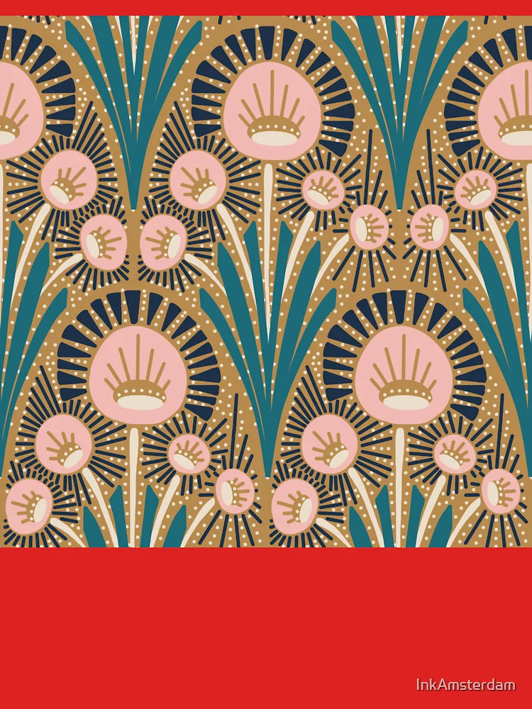 Vintage Teal and Pink Floral with Gold and Navy Deco Details Classic T-Shirt