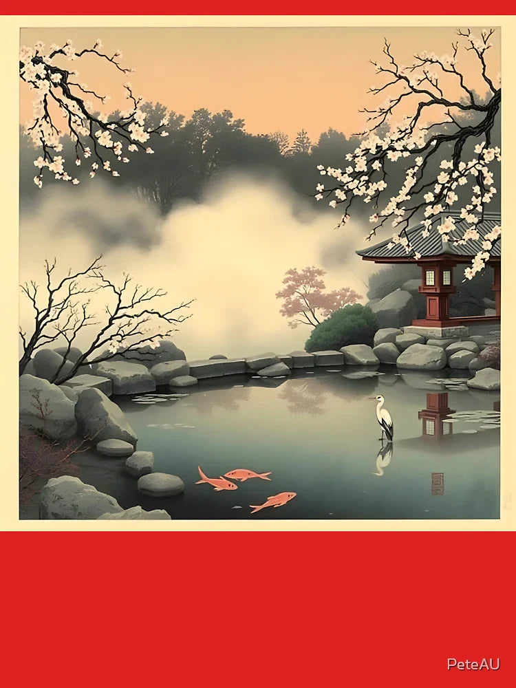 A serene Japanese garden at twilight, with mist gently rolling over a koi pond Classic T-Shirt