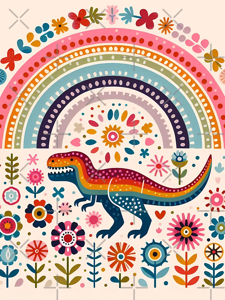 Cute Tyrannosaurus Rex Dinosaur with Rainbow and Flowers - Scandinavian Folk Art by heidiannemorris Â© Classic T-Shirt