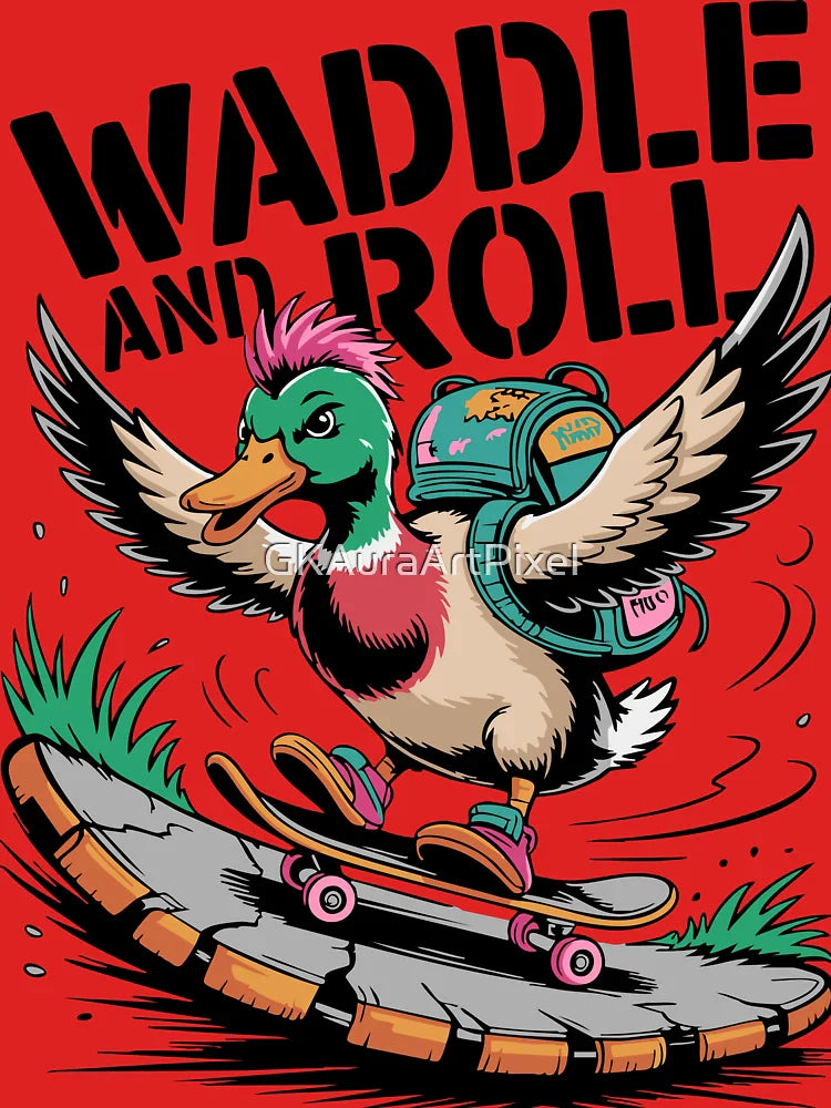 Waddle and Roll 3 - Funny Duck Riding Skateboard Cartoon Illustration Classic T-Shirt