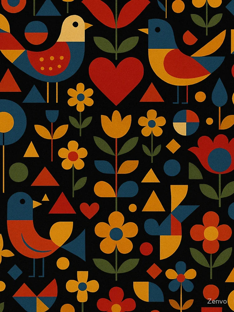 Folk Art Birds and Flowers – Geometric Nature Pattern on Black Classic T-Shirt