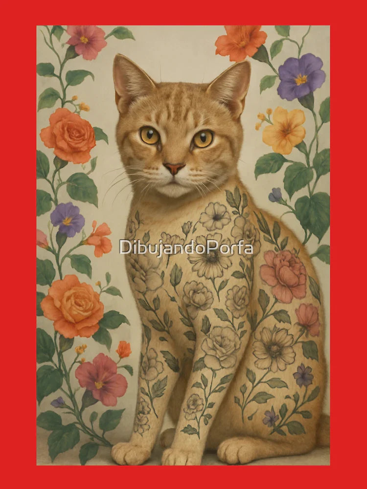 Tattooed Floral Cat with Vibrant Botanical Background – Unique Art Print Classic T-Shirt