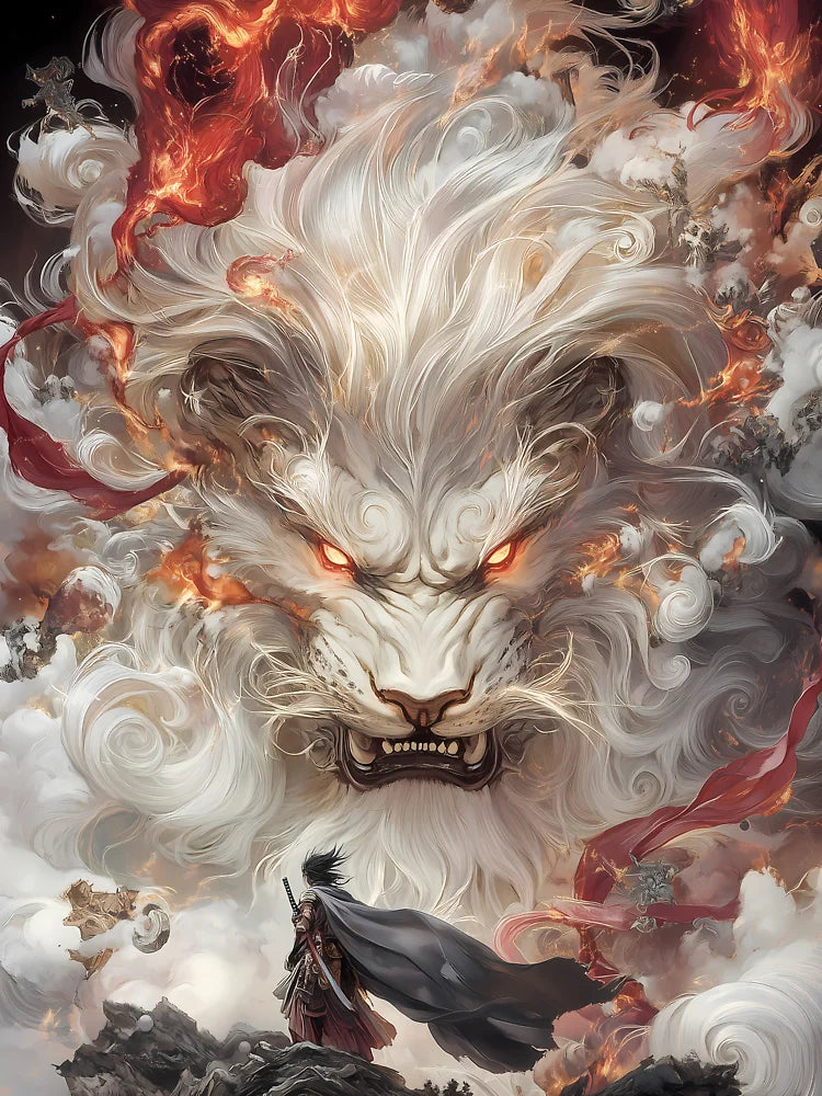 Ember Titans Beyond Enormous Fiery Lion Spirit Faces Tiny Warrior Cloudstorm Classic T-Shirt