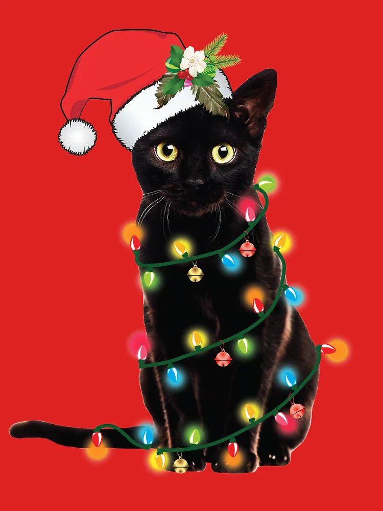 Santa Black Cat Tangled Up In Christmas Tree Lights Holiday Classic T-Shirt
