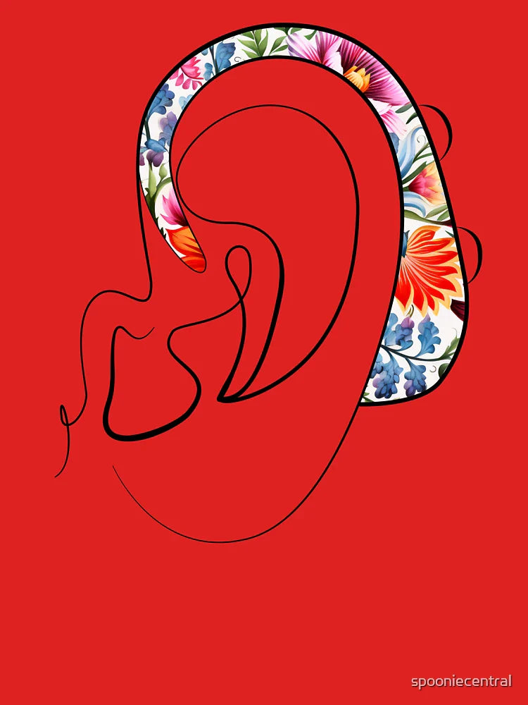 Hearing Aid Line Art with Oil Paint Flower Print Classic T-Shirt