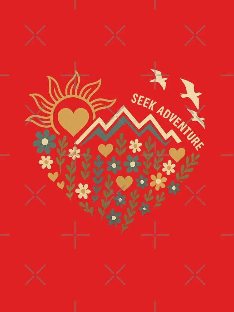 Seek Adventure Heart Design – Retro Nature Camping Flowers & Mountains Graphic Classic T-Shirt