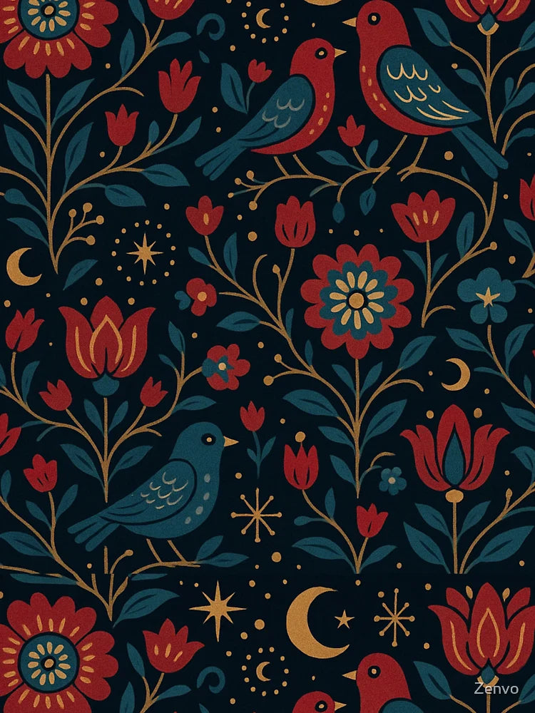 Celestial Folk Garden – Birds, Flowers, and Moons on Midnight Blue Classic T-Shirt