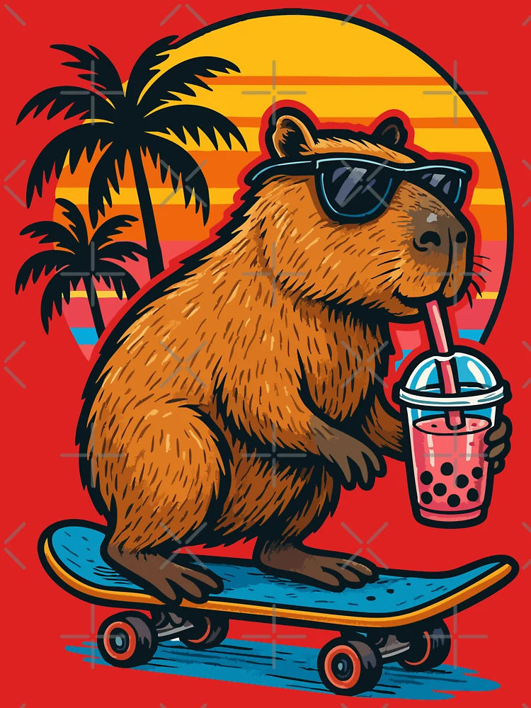 Cute Capybara Skater Drink Bubble Tea Retro Classic T-Shirt