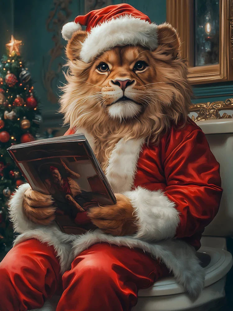 Animal Lion Santa Reading Christmas Magazine Toilet Holiday Cozy Scene Classic T-Shirt