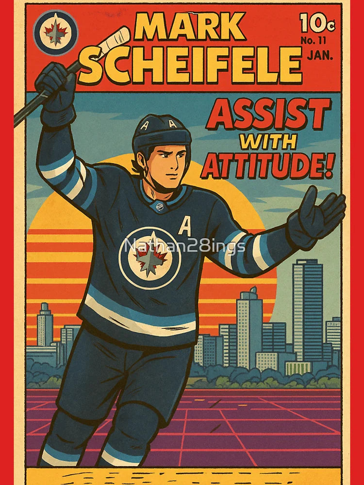 Mark Scheifele Comic Book Poster â€“ Winnipeg Jets Retro NHL Art Print, â€œAssist with Attitude!â€ Cover Design Classic T-Shirt