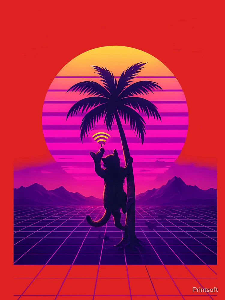 Signal seeker-vaporwave cat in neon sunset. Retro-futuristic poster Classic T-Shirt