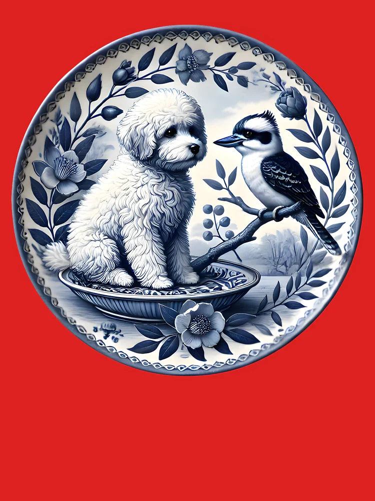 Delft Blue Bichon & Kookaburra – Floral Ceramic Plate Art Classic T-Shirt
