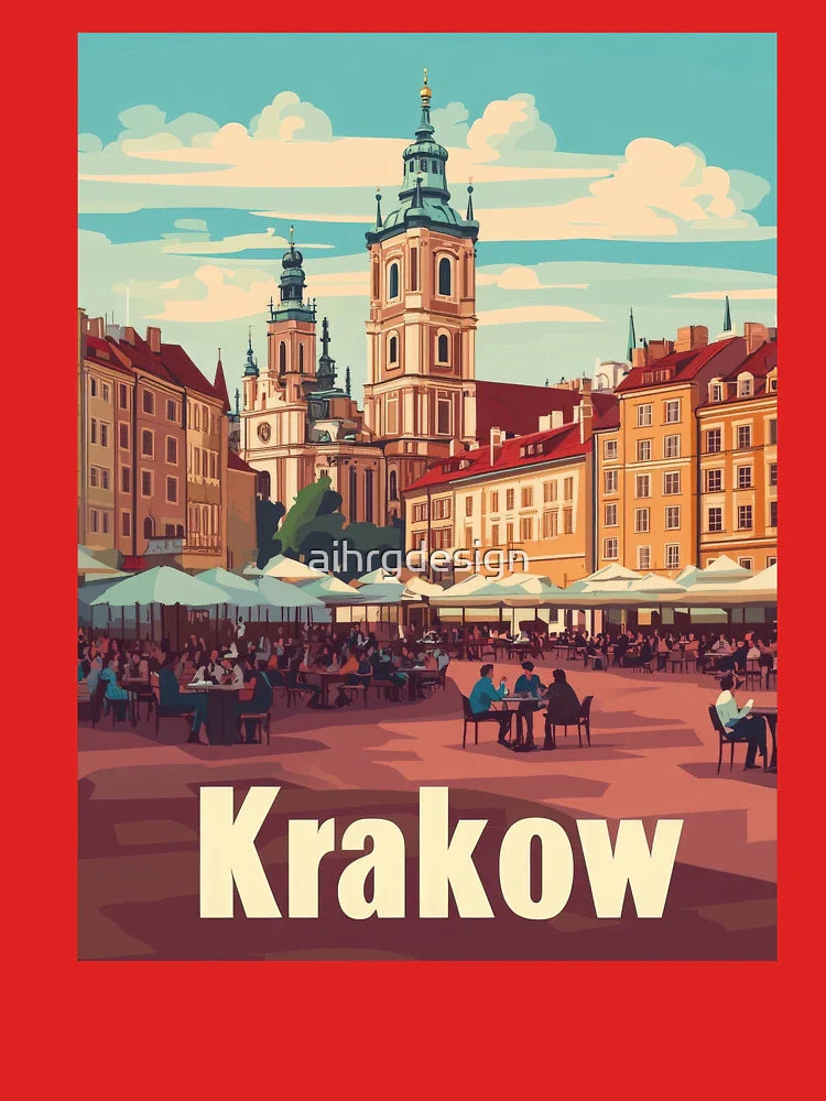 People enjoy their time at outdoor tables in Krakows market square, surrounded by elegant historic architecture on a sunny day. The lively Classic T-Shirt