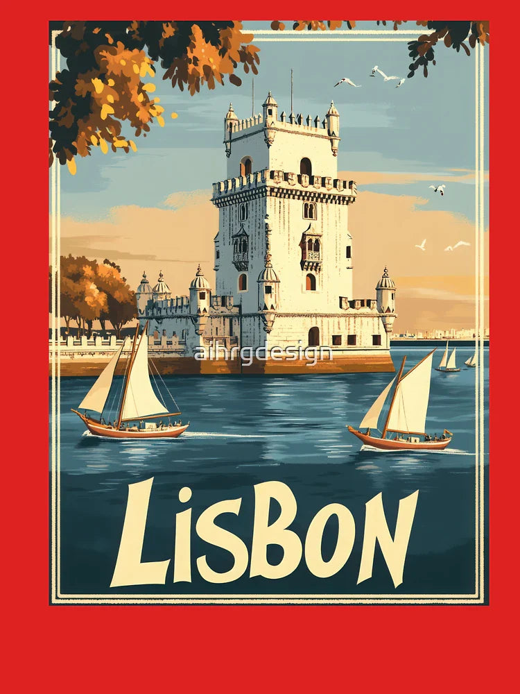 Wander along the tranquil waters of Lisbon, where vibrant sailboats glide past the iconic tower, bathed in golden sunset hues. Experience Classic T-Shirt