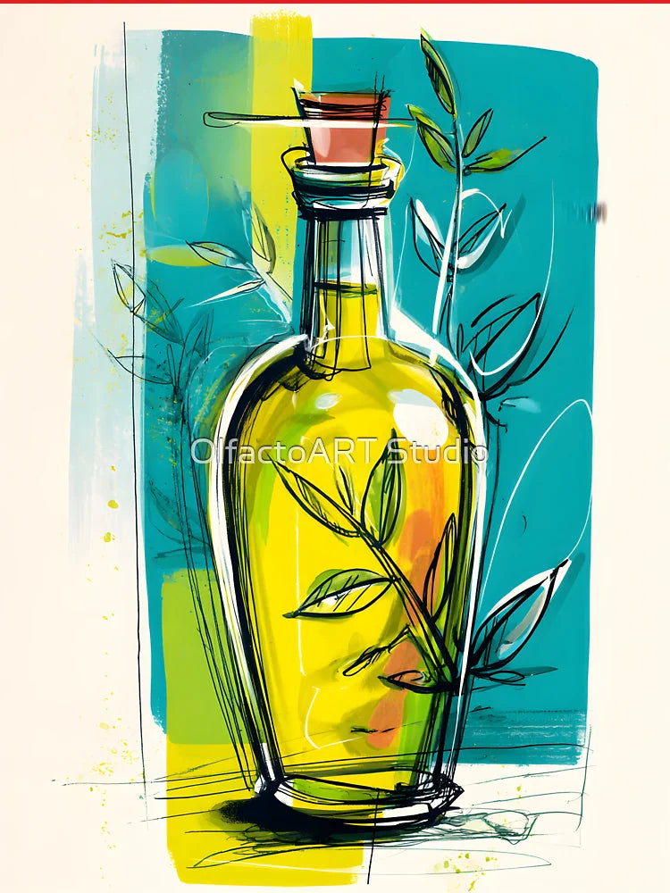 Abstract Olive Oil Bottle with Leaves - Bold Teal and Yellow Modern Kitchen Art Classic T-Shirt