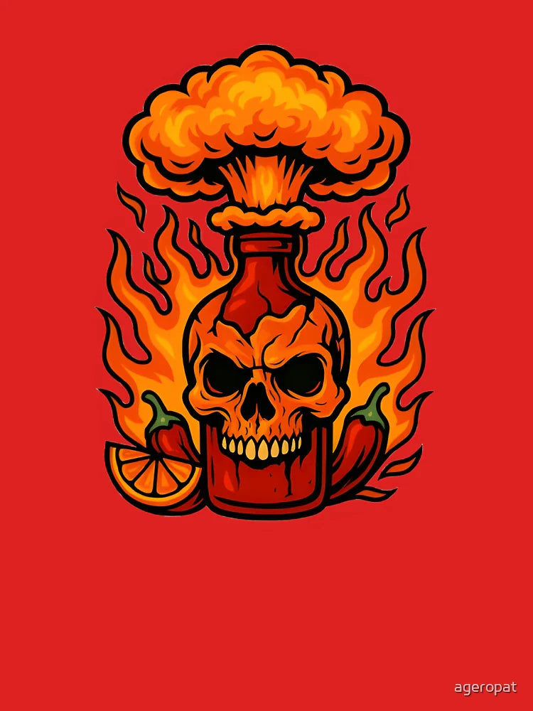Hot Sauce Apocalypse – Flaming Skull Bottle Kaiju Tee by Snackwear Apparel Classic T-Shirt