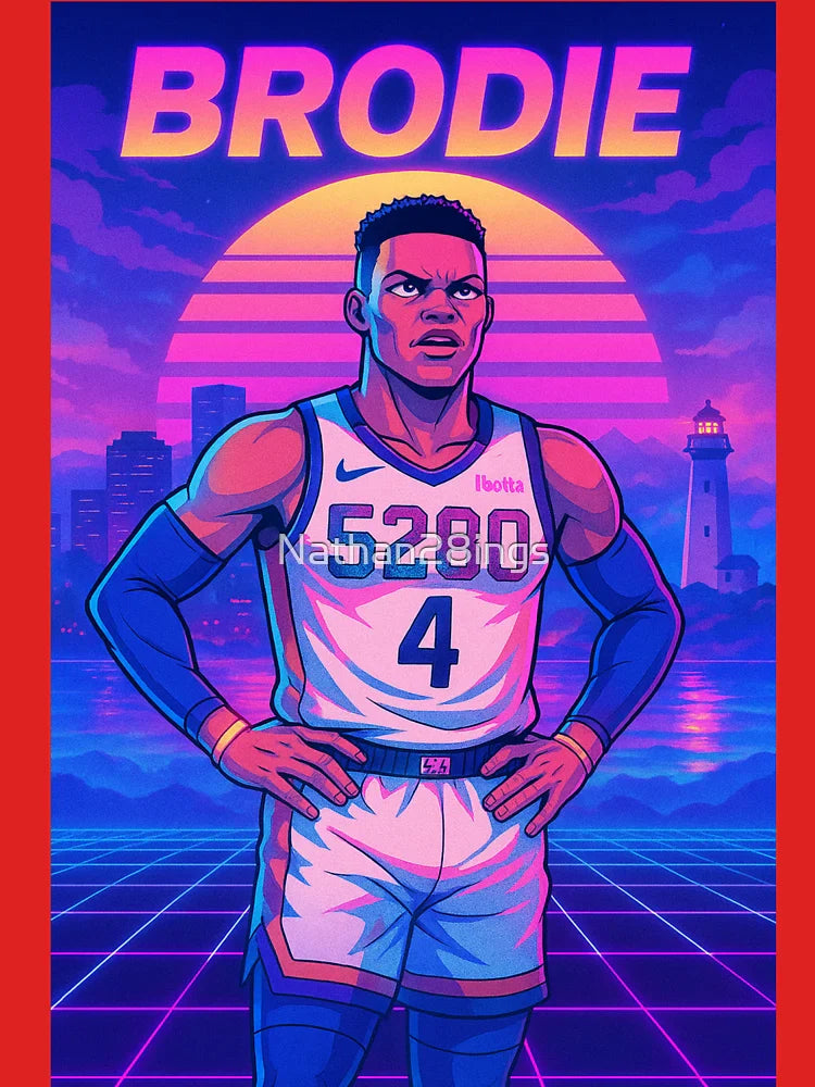 Brodie Vaporwave Poster – Russell Westbrook Retro Anime Art Print, Neon Basketball Skyline Decor Classic T-Shirt
