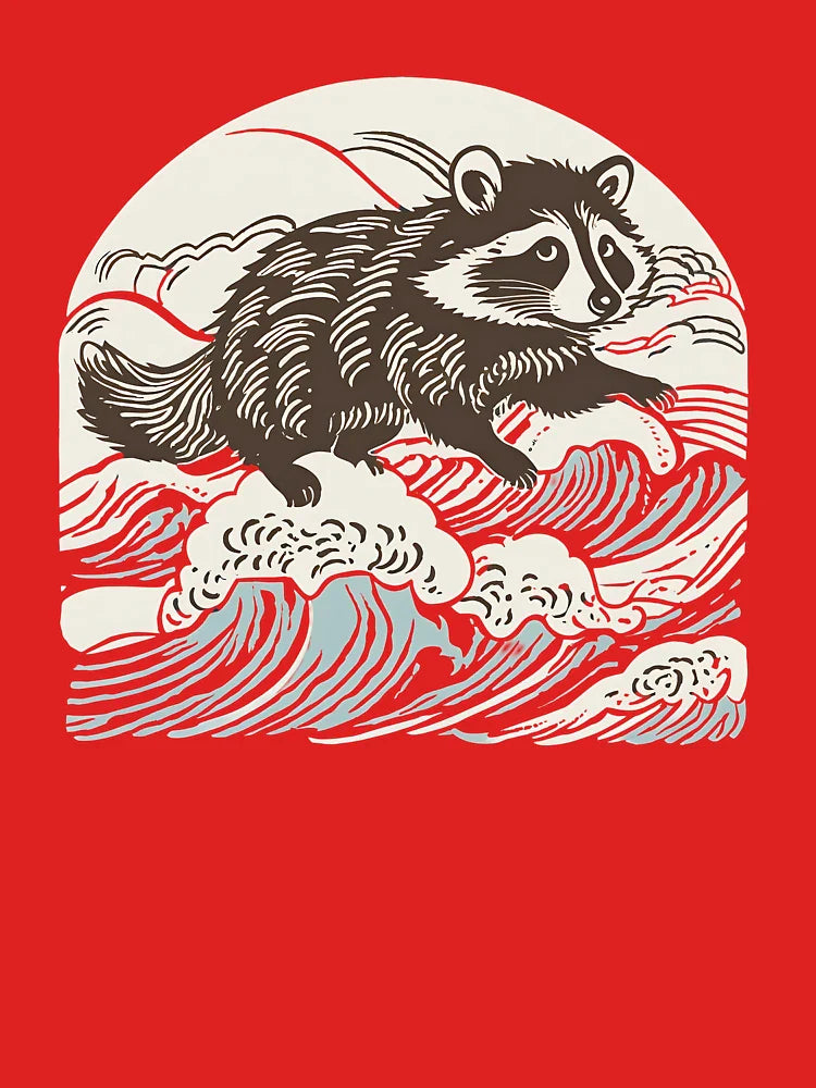 Jumping Raccoon on Japanese Wave – Minimalist Ukiyo-e Animal Art Classic T-Shirt