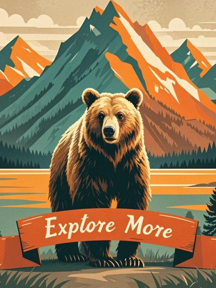 Bear Standing Infront Of A Mountain Retro Style Illustration - Explore More Classic T-Shirt