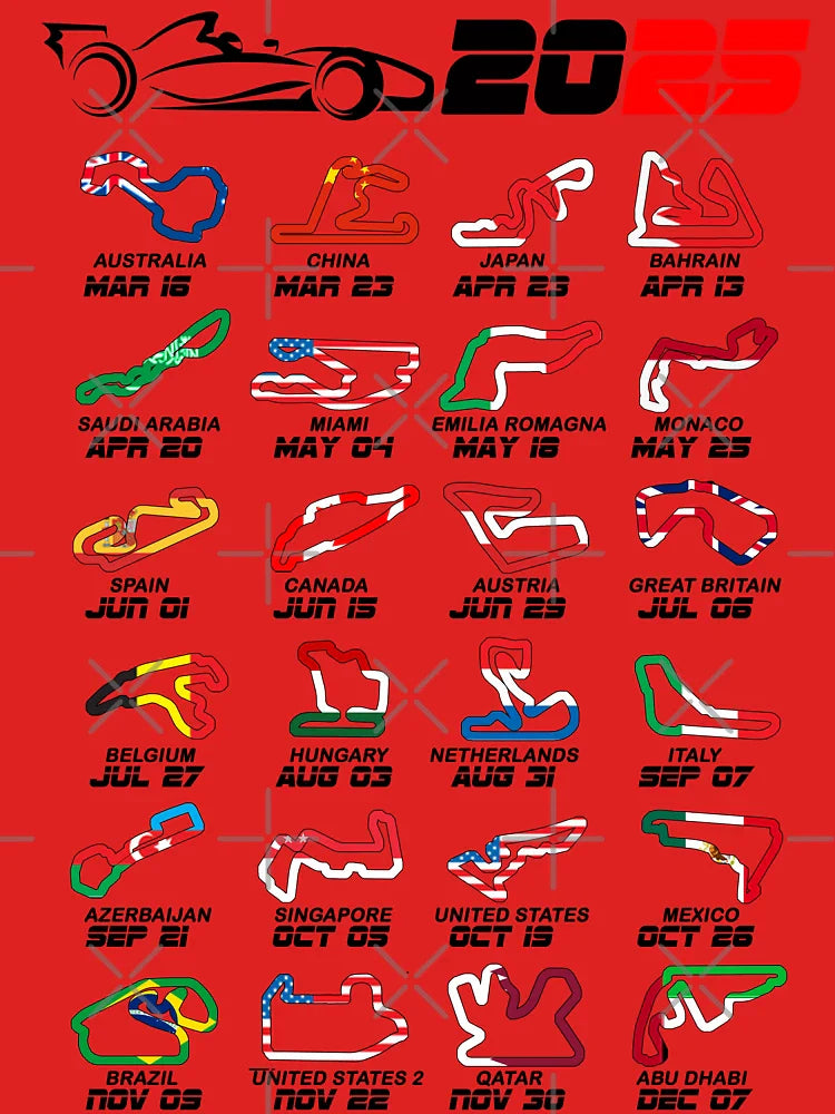 Calendar Formula race cars 2025 circuits colors white Classic T-Shirt