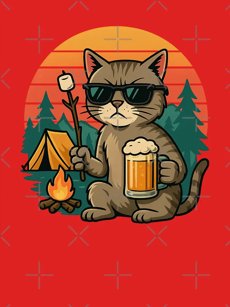 Campfire Cat – Funny Retro Camping Cat with Sunglasses, Beer & Marshmallow Classic T-Shirt