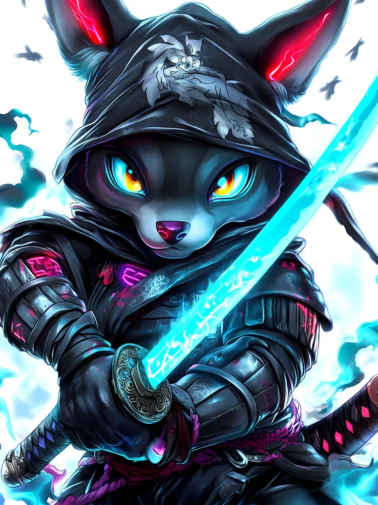 Japanese Samurai Animal Ninja Cat Blue Glowing Sword Electric Combat Stance Classic T-Shirt