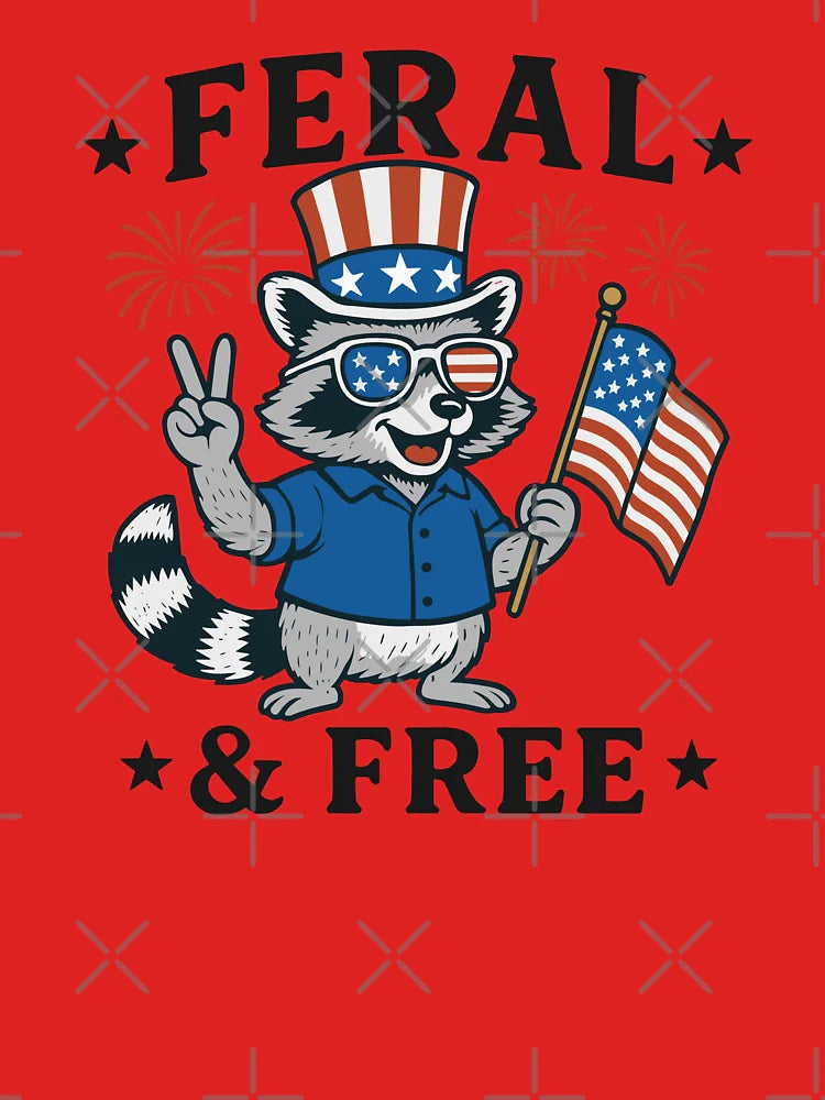 Funny Raccoon - Feral & Free - Cute Patriotic American Classic T-Shirt