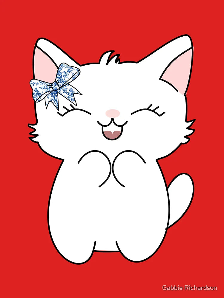 Kawaii White Cat with Blue Chinoiserie Coquette Bow Classic T-Shirt