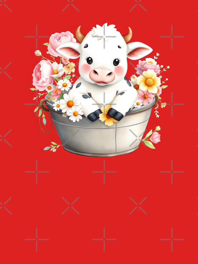 Adorable Baby Dairy Cow in Floral Bucket Classic T-Shirt