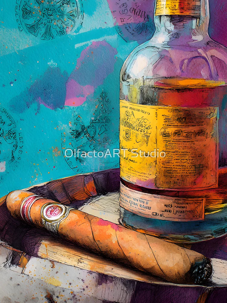 Whiskey Bottle and Cigar on Aged Barrel - Artistic Stamps and Vibrant Colors Create Bold Contrast Classic T-Shirt