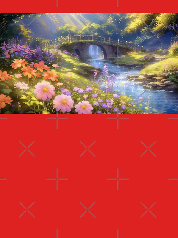 Colorful Fantasy Forest with River, Bridge, and Blooming Flowers in Sunlight Classic T-Shirt