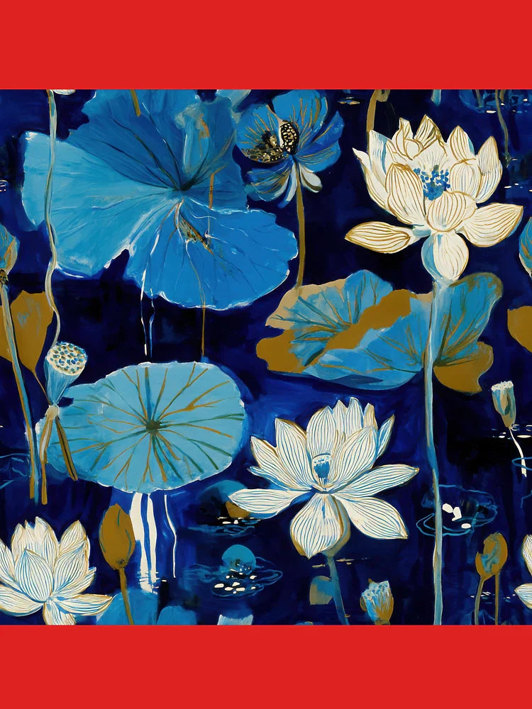 Lotus Flowers and Lily Pads in Cobalt Blue, Gold and White on Black (Seamless Patter) Classic T-Shirt