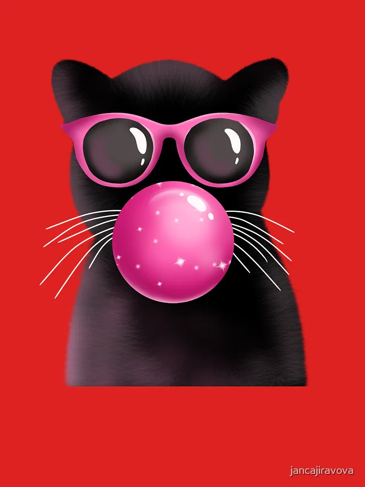 Black furry cat with pink bubblegum and glasses Classic T-Shirt