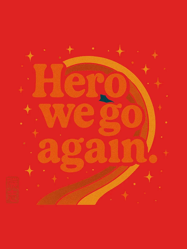 Retro-Inspired “Here We Go Again” T-Shirt with Bold 70s Typography, Rainbow Stripe & Star Pattern – Vintage Vibes Casual Wear Perfect for Nostalgic Style Lovers Classic T-Shirt