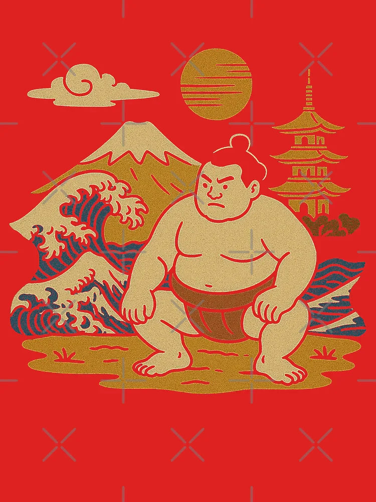 Vintage Japanese Sumo Art with Fuji, Wave, Pagoda Classic T-Shirt