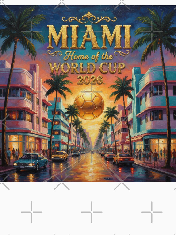 Miami Home of the World Cup 2026 Sunset Boulevard Soccer Poster — Art Deco Oil Painting by BrickByDream