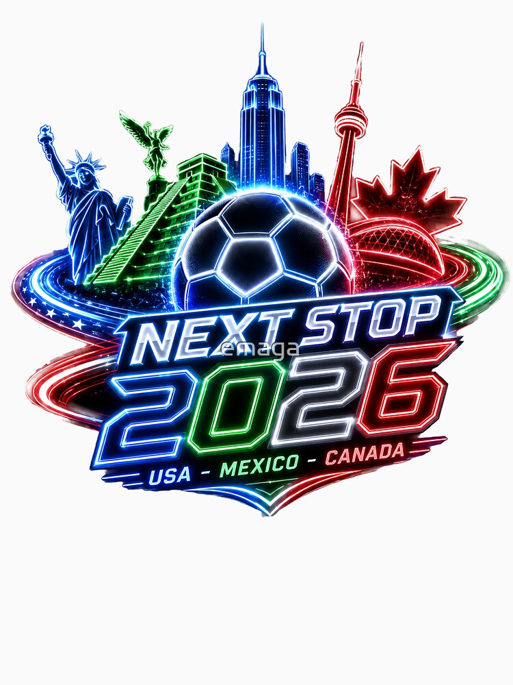 Next Stop 2026 USA Mexico Canada Neon Soccer Emblem by emaga