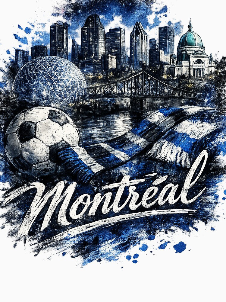 Montreal Soccer Skyline Design – Blue City Football Artwork, Montreal Fan Apparel, Urban Sports Graphic, Canada Soccer Design by GarnerSupplyCo